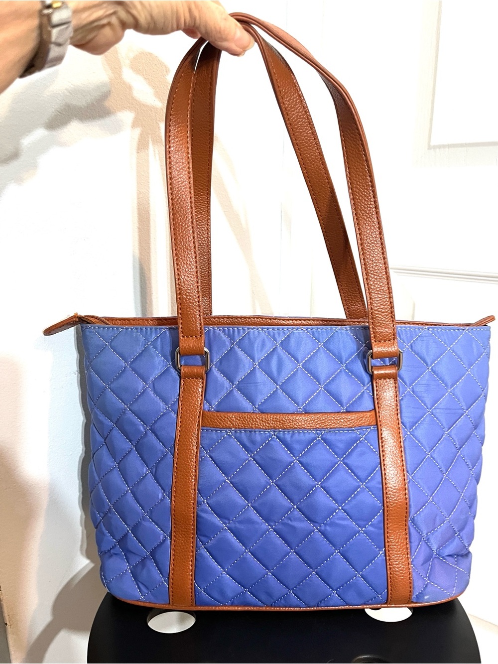 Appleseed’s Periwinkle Blue Quilted Tote Shoulder Bag Brown Trim Roomy Handbag